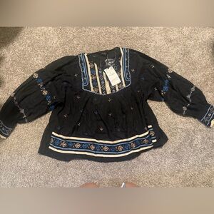 Zara Black Top with Blue and Tan Embroidery